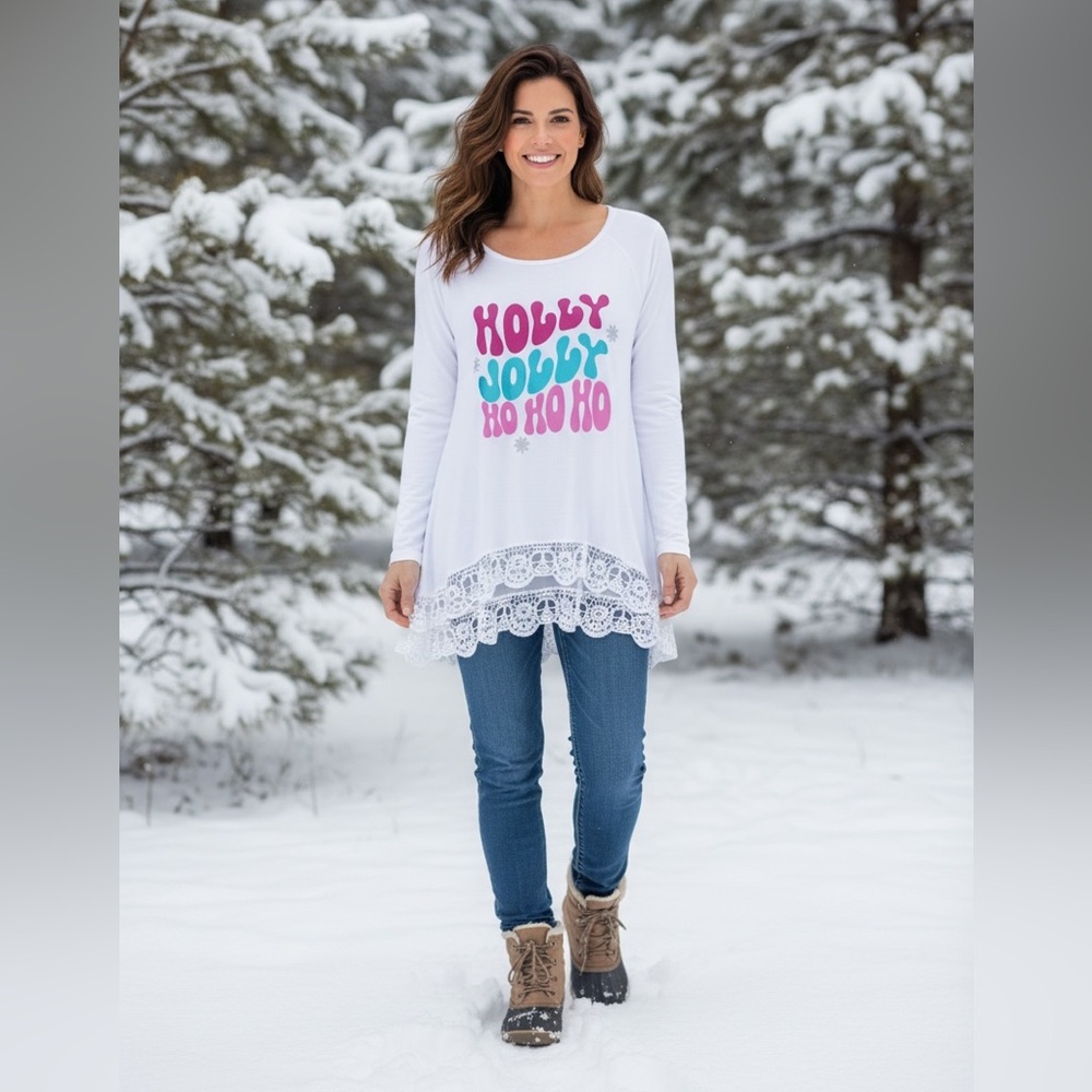 HOLLY JOLLY Women’s HO HO Holiday Graphics & Snow-Lace Long-Sleeve Top